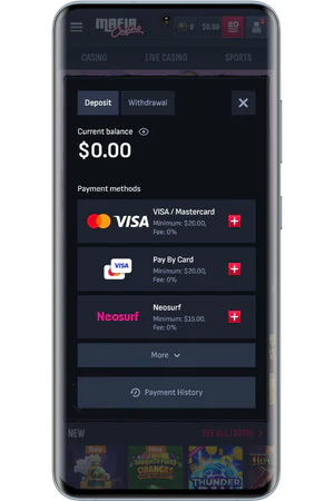 Secure deposit interface with multiple payment methods Mafia casino