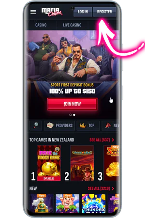 Mafia Casino homepage with registration button highlighted in top navigation bar