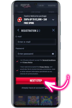Mafia casino First registration step requesting email and password for new Mafia Casino account