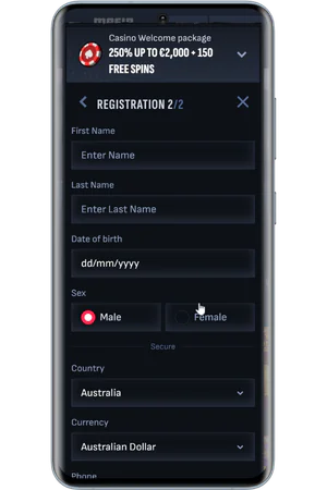 Mafia casino Second registration step with personal details form for Australian players