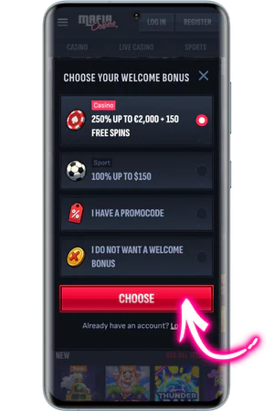 Welcome bonus selection screen showing casino package at Mafia Casino Australia